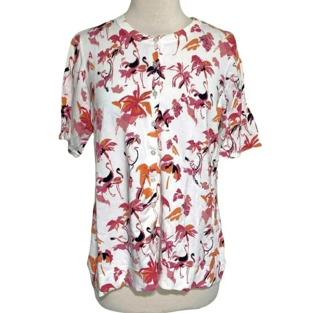 Charter Club Cardigan 1X White Pink Flamingo Tropical Rhinestone Short Sleeve